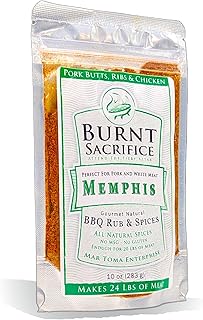 Burnt Sacrifice Memphis Style Gourmet BBQ Spice Dry Rub Seasonings (10 Ounce Bag Makes Over 20 Lbs) Ribs Pulled-Pork Butts Tenderloin Chops Chicken Turkey Wings (Memphis, 3.5 Oz Jumbo Packet (1))