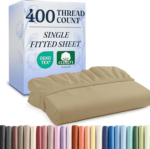 Miniatura 5 de Sábana bajera de algodón fresco de 400 hilos, para colchón alto, se adapta al colchón, solo una sábana bajera (tamaño individual XL, crema)