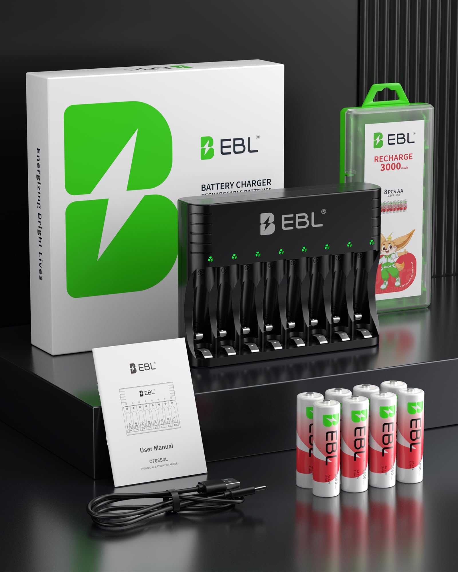 EBL Lithium Akku AA 8 Pack mit Ladegerät, 1.5v 3000mWh 1600 Zyklen Langlebige AA Wiederaufladbare Batterien, Ladegerät für Li-Ion und NIMH Akkus