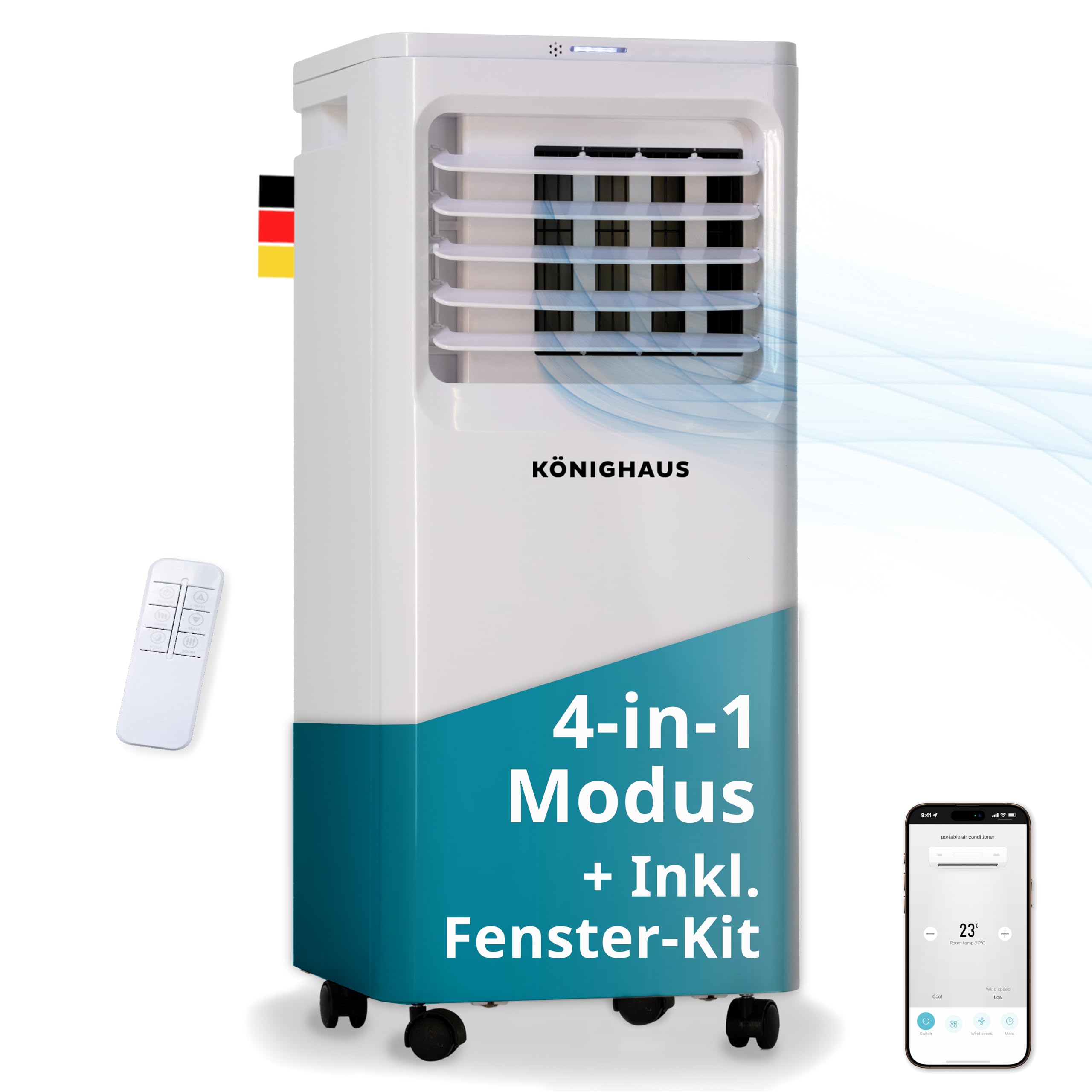 Könighaus Smarte Mobile Klimaanlage 7000 BTU für Räume bis 20m² – 4-in-1 Funktion mit Kühlung, Entfeuchtung, Ventilator und Luftreinigung – energieeffizient (A) – inkl. Fernbedienung und App-Steuerung