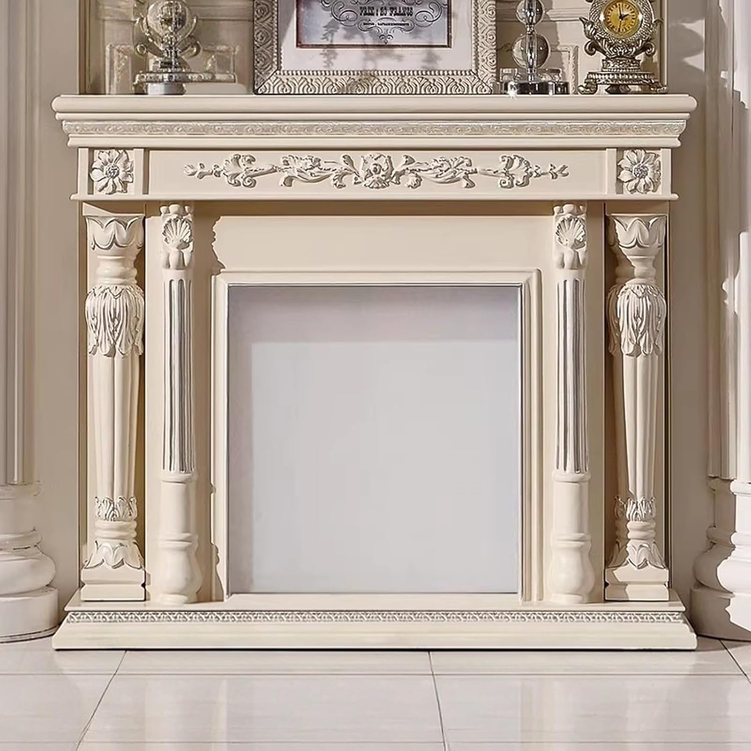 Fireplace Mantel Surround Traditional Decorative Fireplace Surround with Solid Oak Frame Classic Ornate(White)