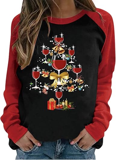 Ladies Christmas Jumper,Funny Graphic Wine Cup Print Xmas Jumper,Crew Neck  Long Sleeve Pullover Blouse Shirt Tops Color Matching Christmas Sweatshirt  for Women UK : Amazon.co.uk: Fashion