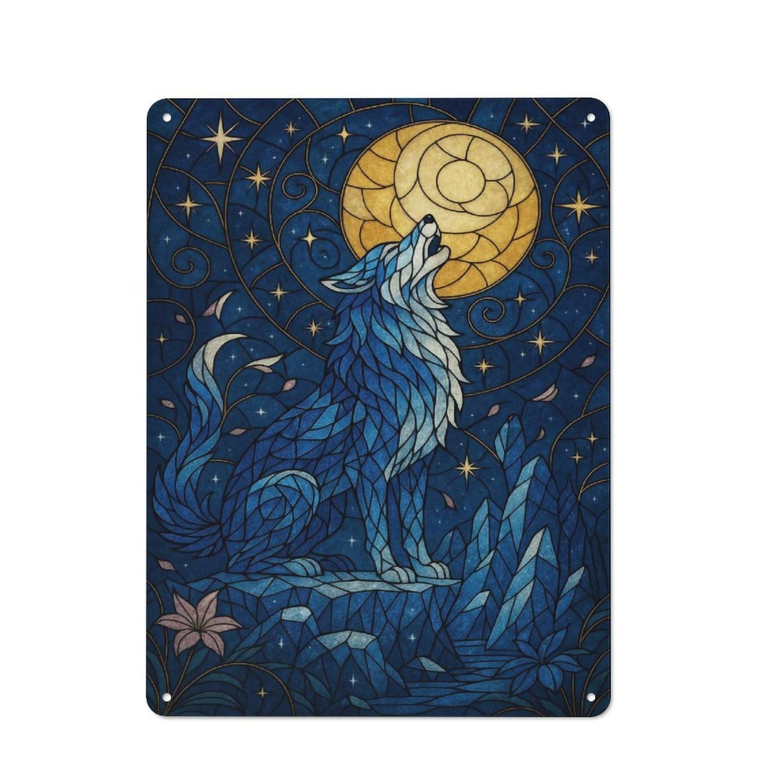 Junmoney Style-16 Metal Wall Art Sign With Blue Wolf Howling At The Moon Design 40X30cm, Vintage Vintage Wall Decor For Living Room, Hallway, Kitchen Or Cafe