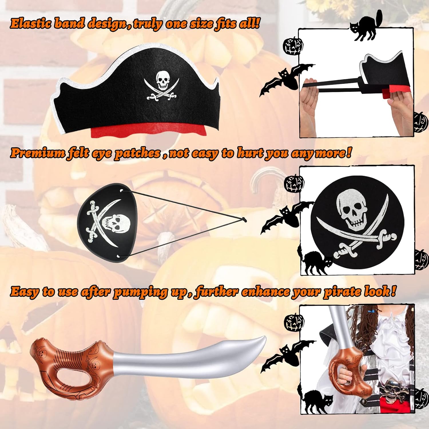 Legigo 48 Pcs Funny Pirate Party Set- Include 16 Pirate Hats, 16 Eye Patches, 16 Inflatable Swords for Pirate Party Cosplay Caribbean Dress Accessories