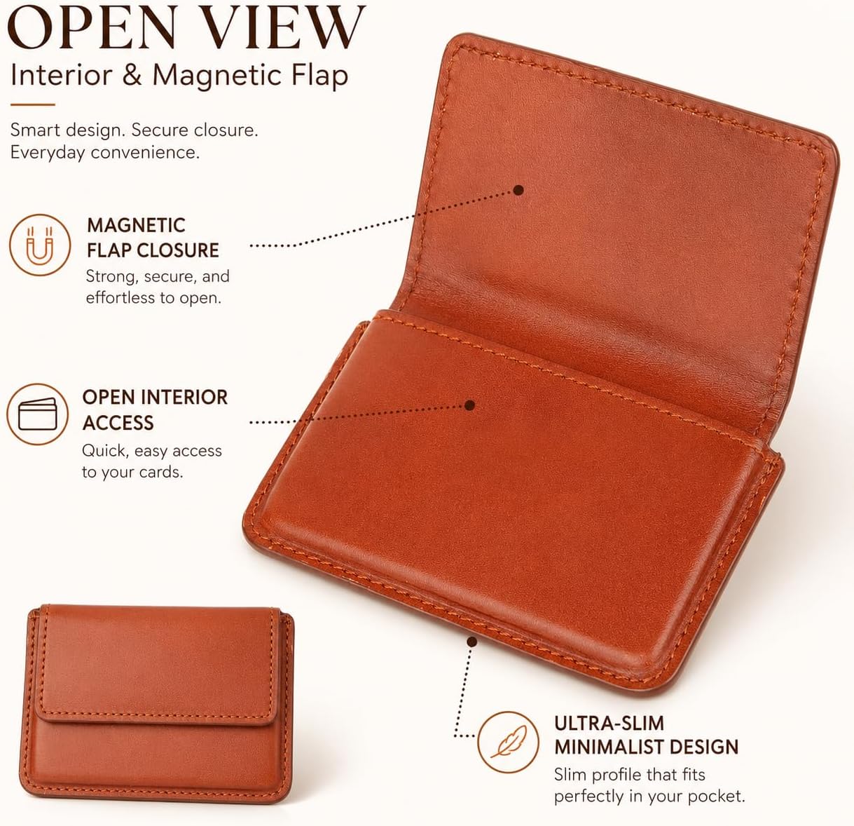 ECOCRAFT Mens Card Holder Wallet, Full Grain Aniline Leather Card Holder Wallet for Men with Magnetic Flap, Slim Front Pocket Wallet for Men, Minimalist Card Case for Daily Carry (Cognac)