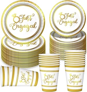 Engagement Party Decorations Set Serve 25,Just Engaged Plates and Cups Decorations,We’re Engaged Decorations,Happy Engagement Party Decorations,DZ Bridal Shower Wedding Party Decorations(Gold Foil)