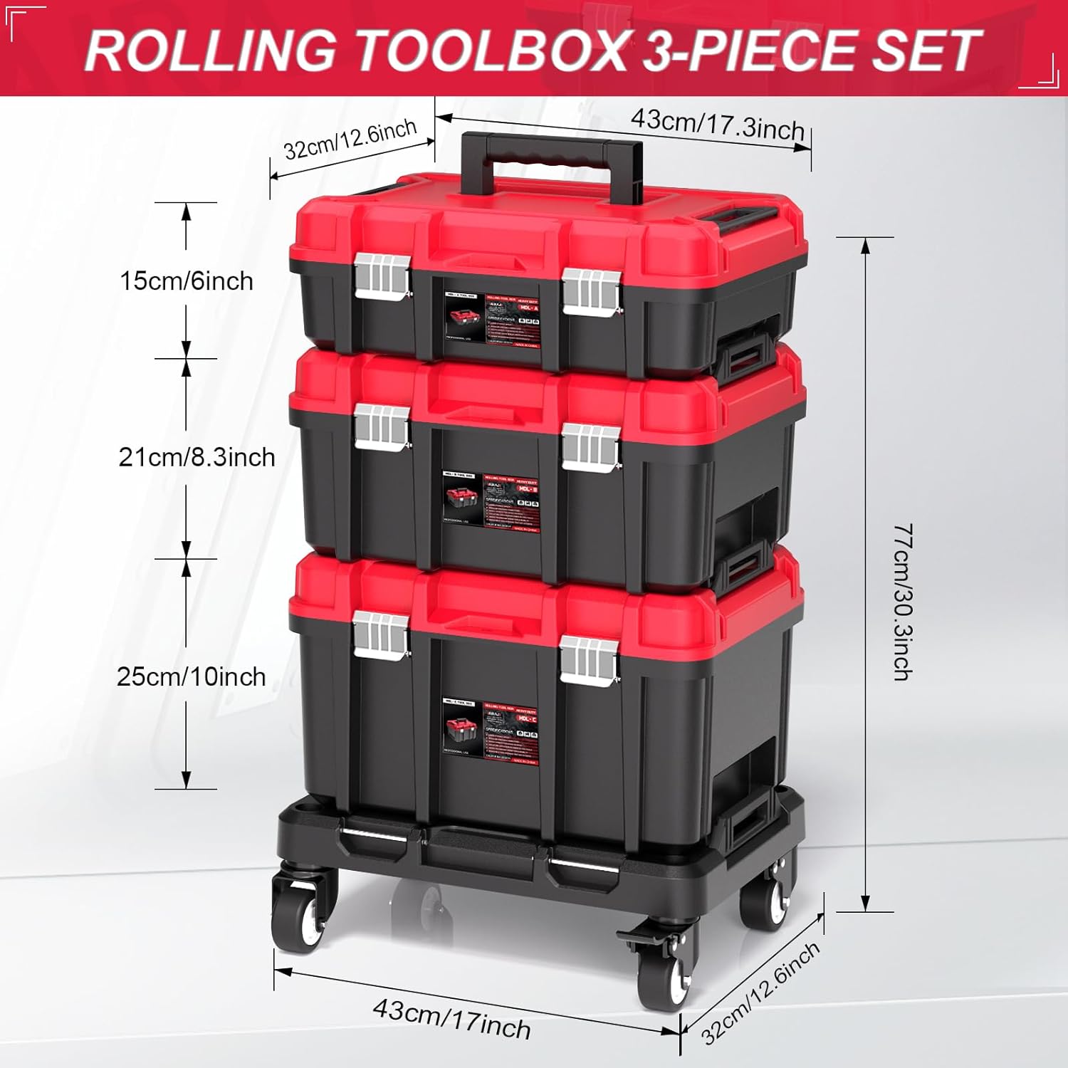 Tool Box,3 Tier Stackable Rolling Tool Box with Wheels,Connected Tool Organizer Box Storage System,Portable Lockable Toolbox on Wheels,17" Large Toolboxes for Home Repairs,Professional Work