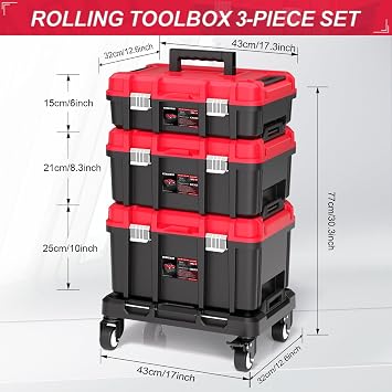3-in-1 Rolling Tool Box with Wheels,Stackable Modular Tool Organizer System,17 Portable Waterproof Toolbox on Wheels for Garage,Mechanics and Home Repair (Red-Black)