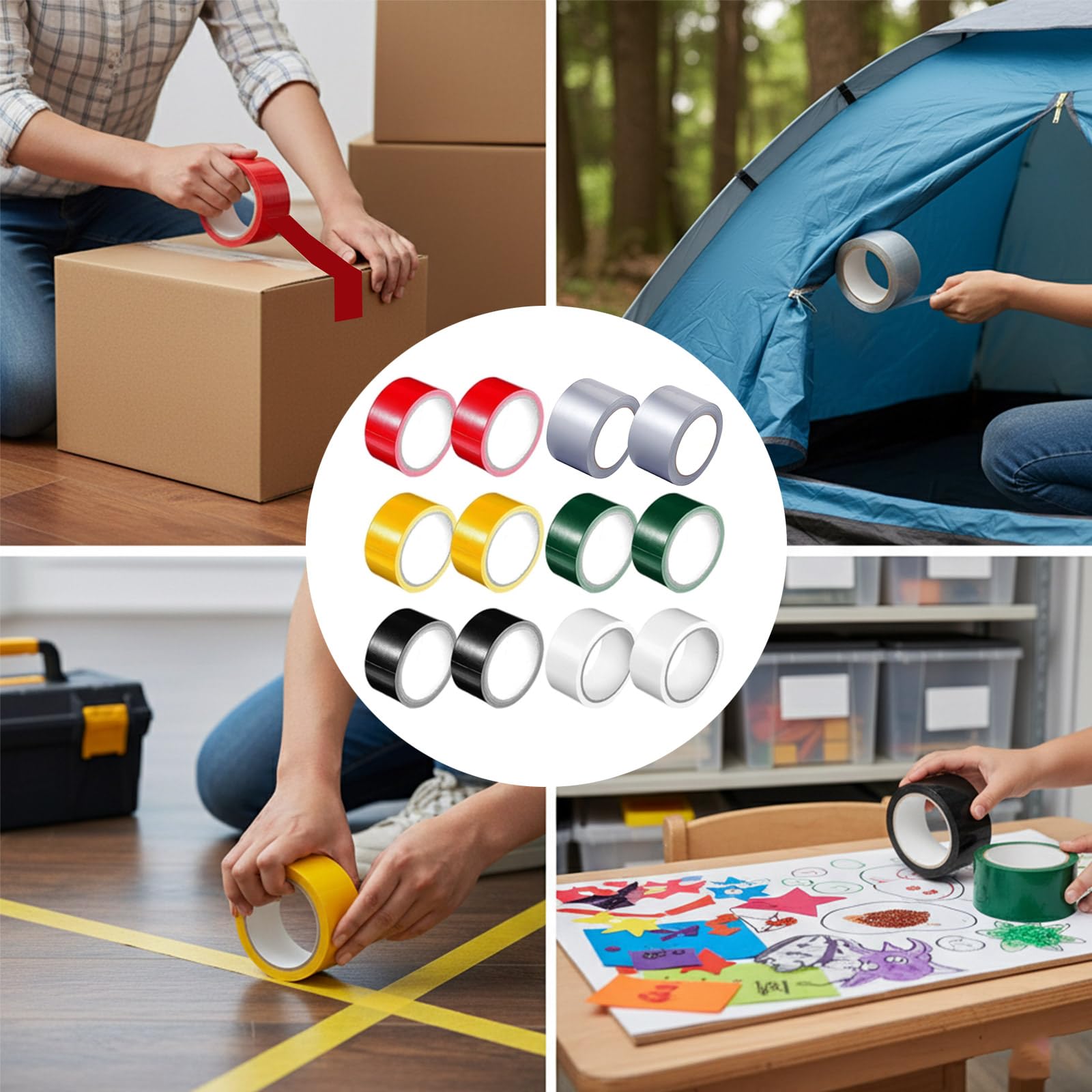 12 rollos de cinta adhesiva multiusos con colores brillantes, resistencia industrial, resistente al agua, colorida, cinta adhesiva para reparación de hogar