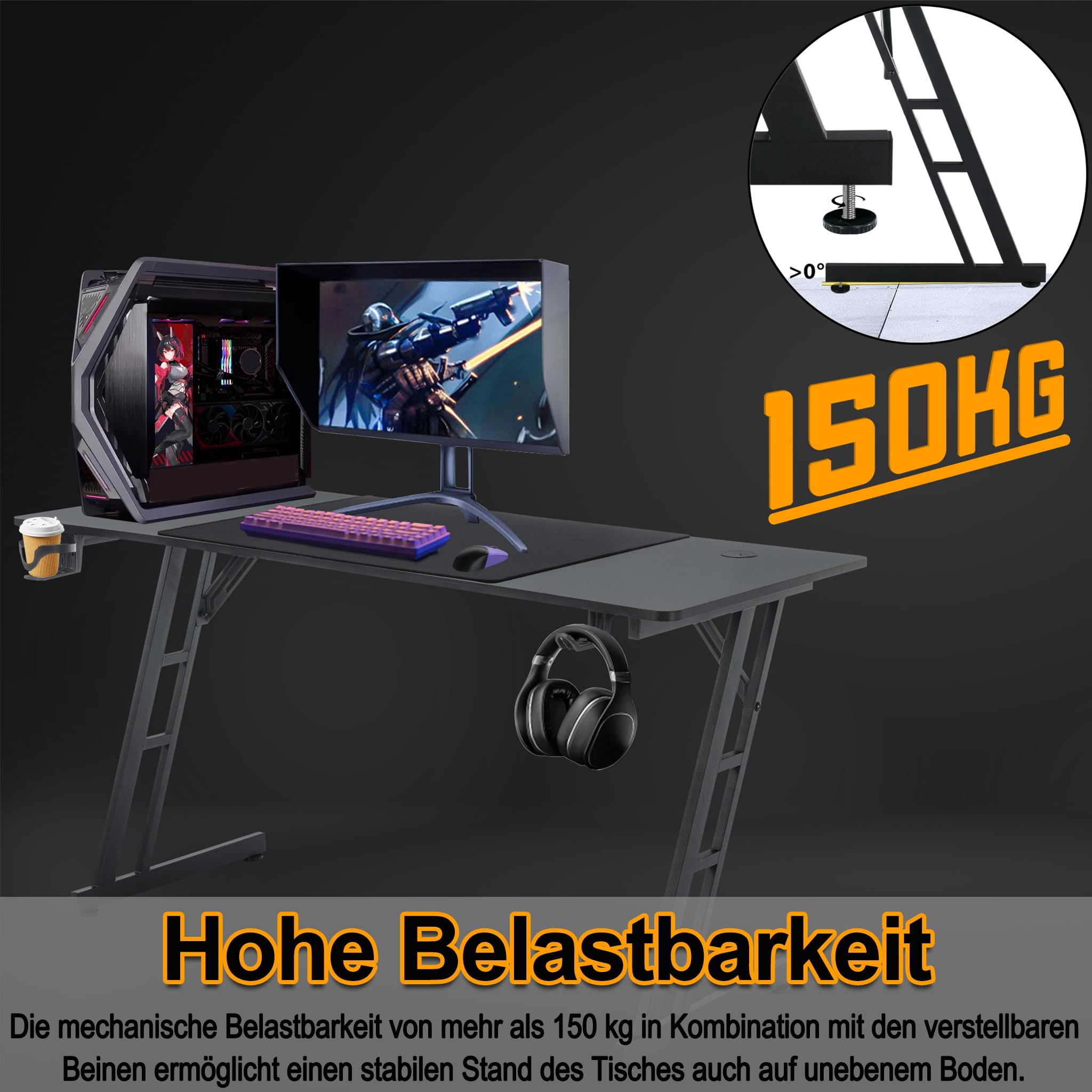 Gaming Tisch Schreibtisch 120x60cm Computertisch mit Kopfhörerhaken und Getränkehalter, Stabiles Z-Gestell Zocker Tisch zum Home Office(Typ A, Keine LED)
