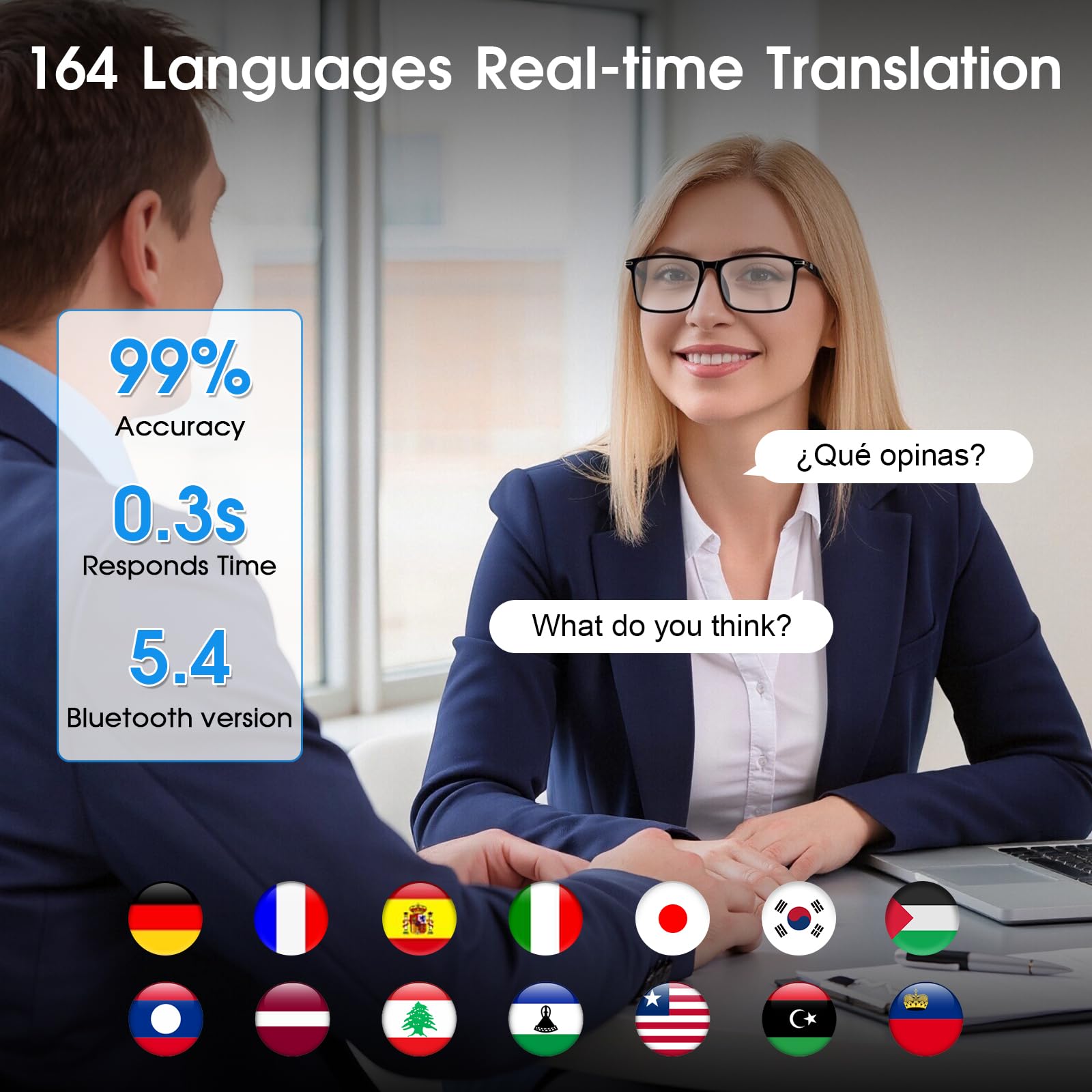 AI Smart Brille mit 160+ Sprachen, Farbwechsel-Linsen, Integriertem Lautsprecher & Klarer Audio - Bluetooth Glasses für Reisen, Meetings und Business Nutzung