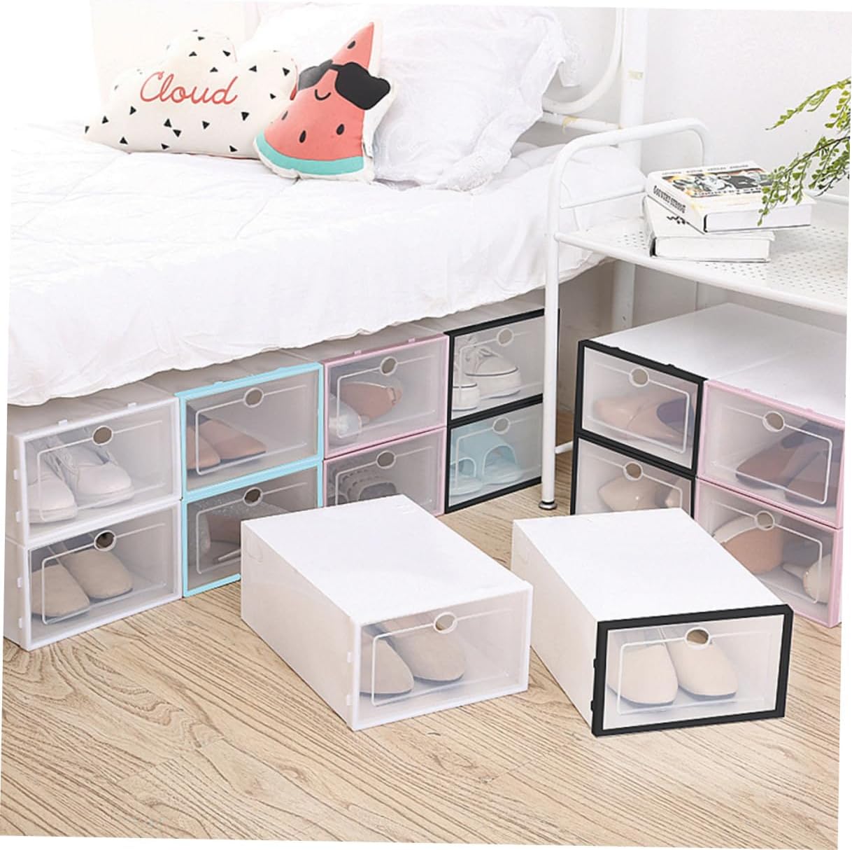 6PCS Thickened Stackable Shoe Storage Boxes Plastic Transparent Shoe Organizer for Men White Frame Space-saving Closet Storage Container