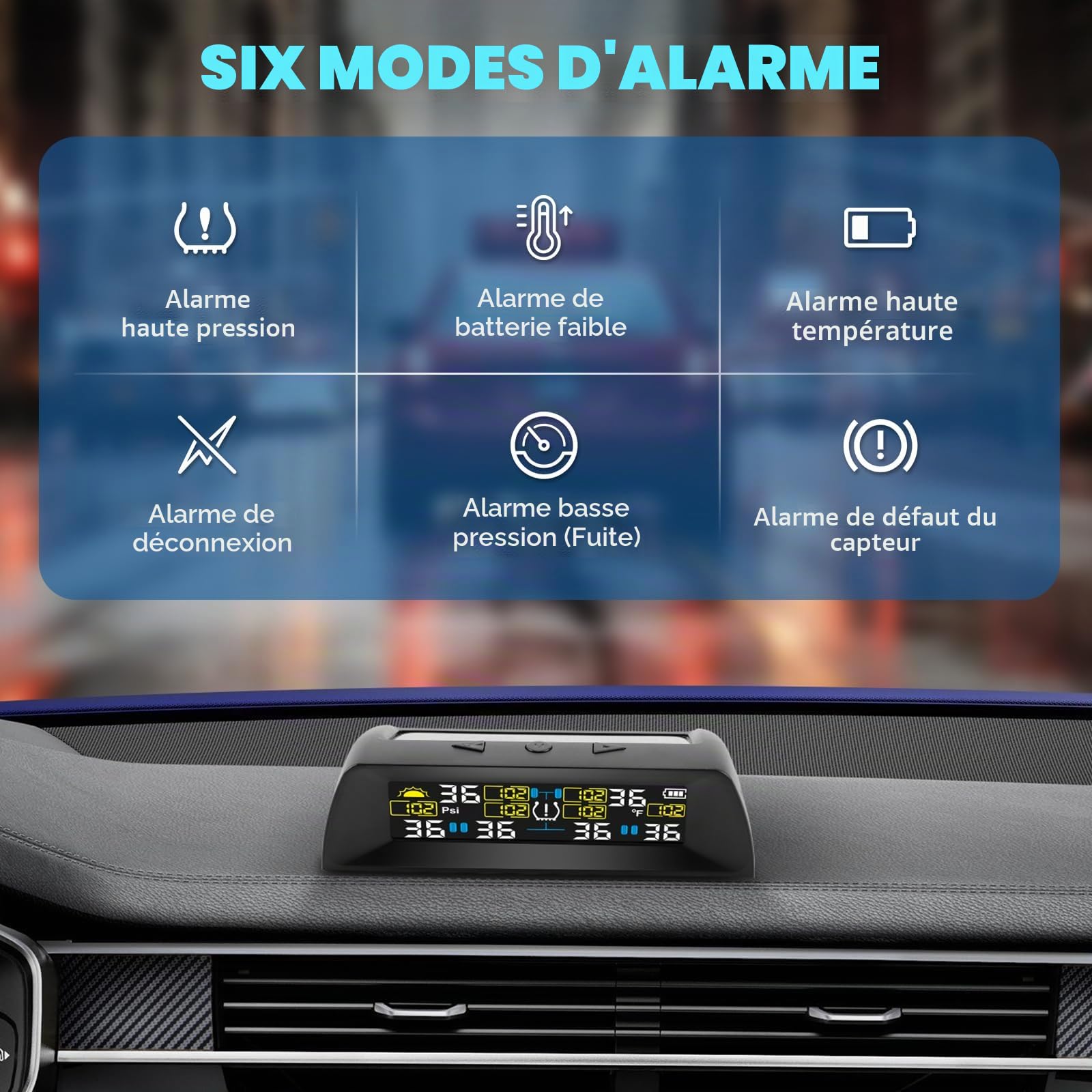 KAOLALI TPMS Système de Contrôle de la Pression des Pneus avec 6 Capteurs | Charge Solaire et Fonction de Charge USB, avec Écran LCD Coloré, Pression des Pneus 0-9,9 Bar (0-144 PSI)