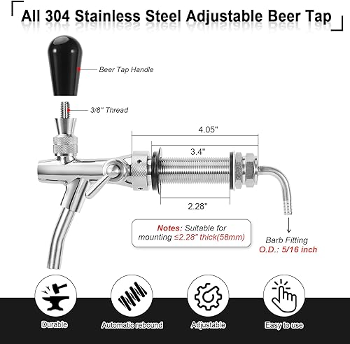 Miniatura 3 de Grifo de cerveza ajustable de acero inoxidable mejorado, grifo de barril de cerveza de barril de barril de barril de cerveza ajustable con control