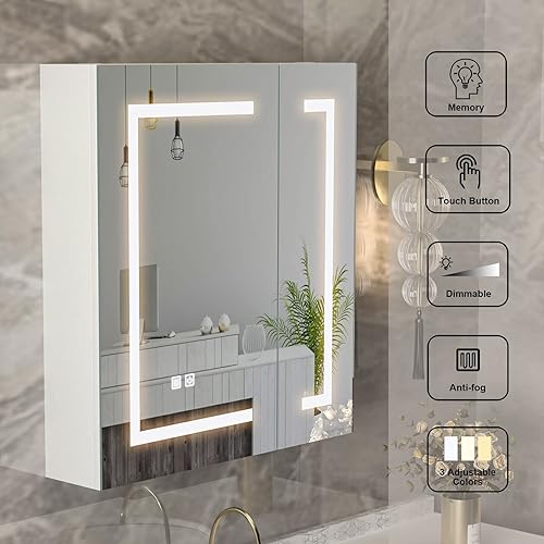 Miniatura 6 de Mepplzian Botiquín LED con espejo botiquín iluminado de 2 puertas con desempañador gabinete de espejo de baño con almacenamiento montado en la pared