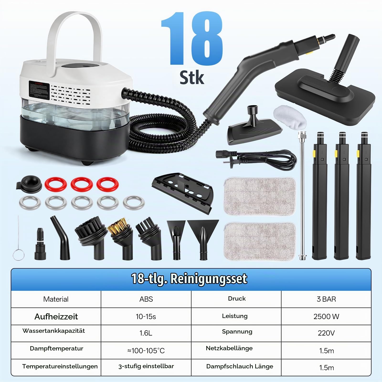 RUIZHI Dampfreiniger Handgerät mit 18 Zubehör, 1.6L Steam Cleaner, Dampfdruck 3Bar, Aufheizzeit 10s, Handdampfreiniger für Alles Boden Reinigung, Fenstern, Sofas, Fugen, Auto