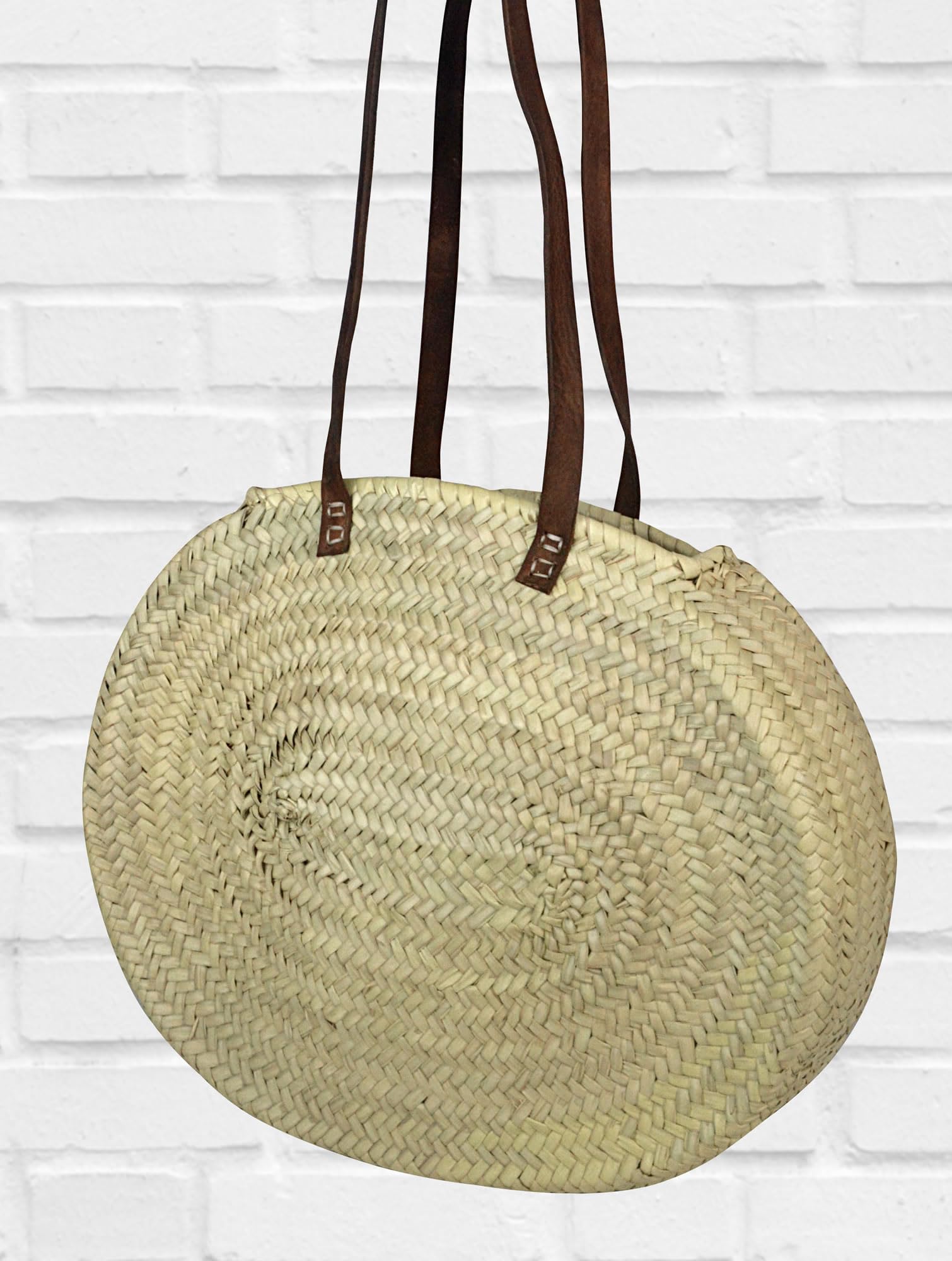 Maison Andaluz Brown Medium Oval Moroccan Shopping And Shoulder Basket With Dark Flat Natural Leather Handles - W38 H34 Cm