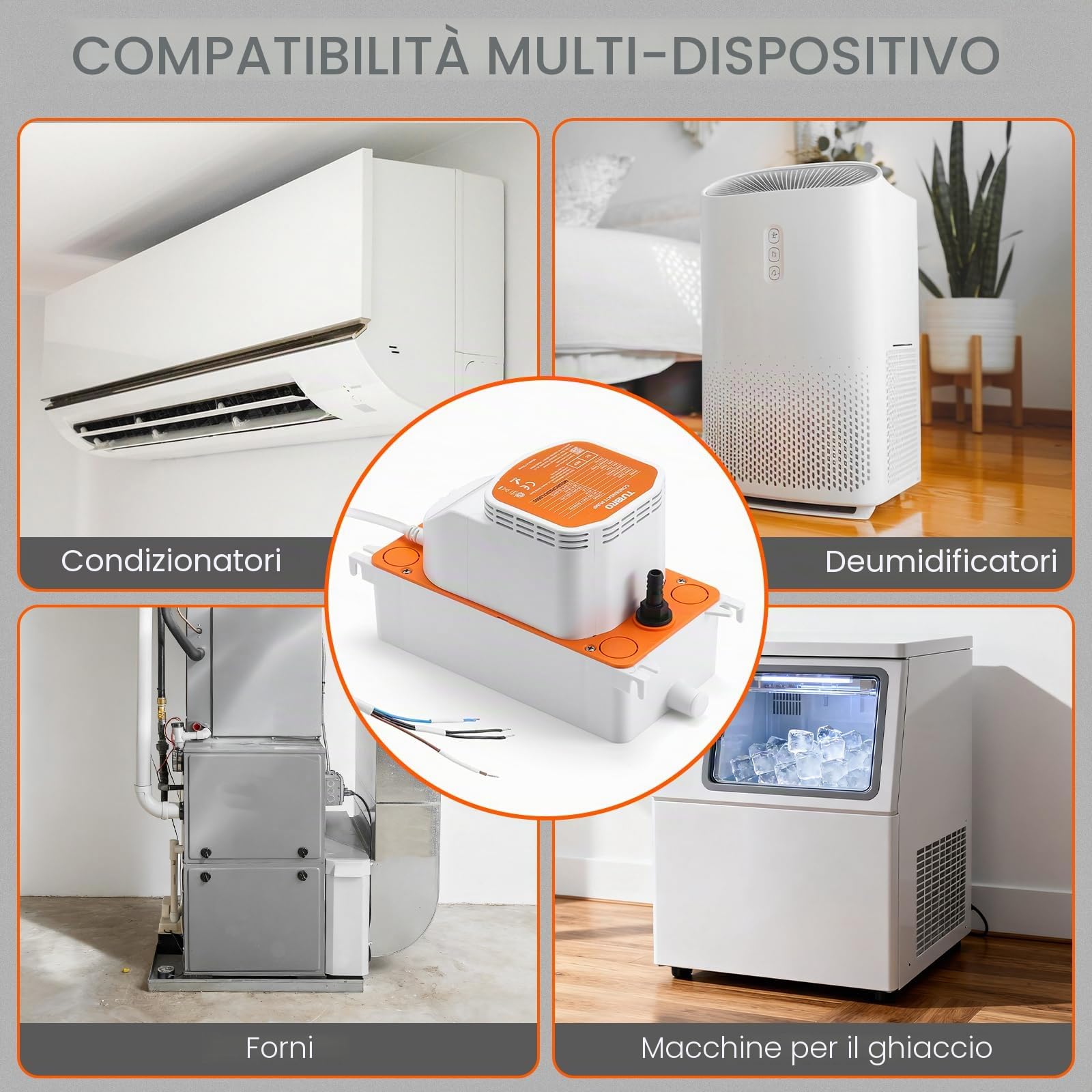 TURBRO Pompa per Condensa, 454 L/h, Prevalenza 7,9m | 100-240V Universale, Interruttore a Galleggiante, 25W Silenzioso 35dB, Per Climatizzatore e Deumidificatore