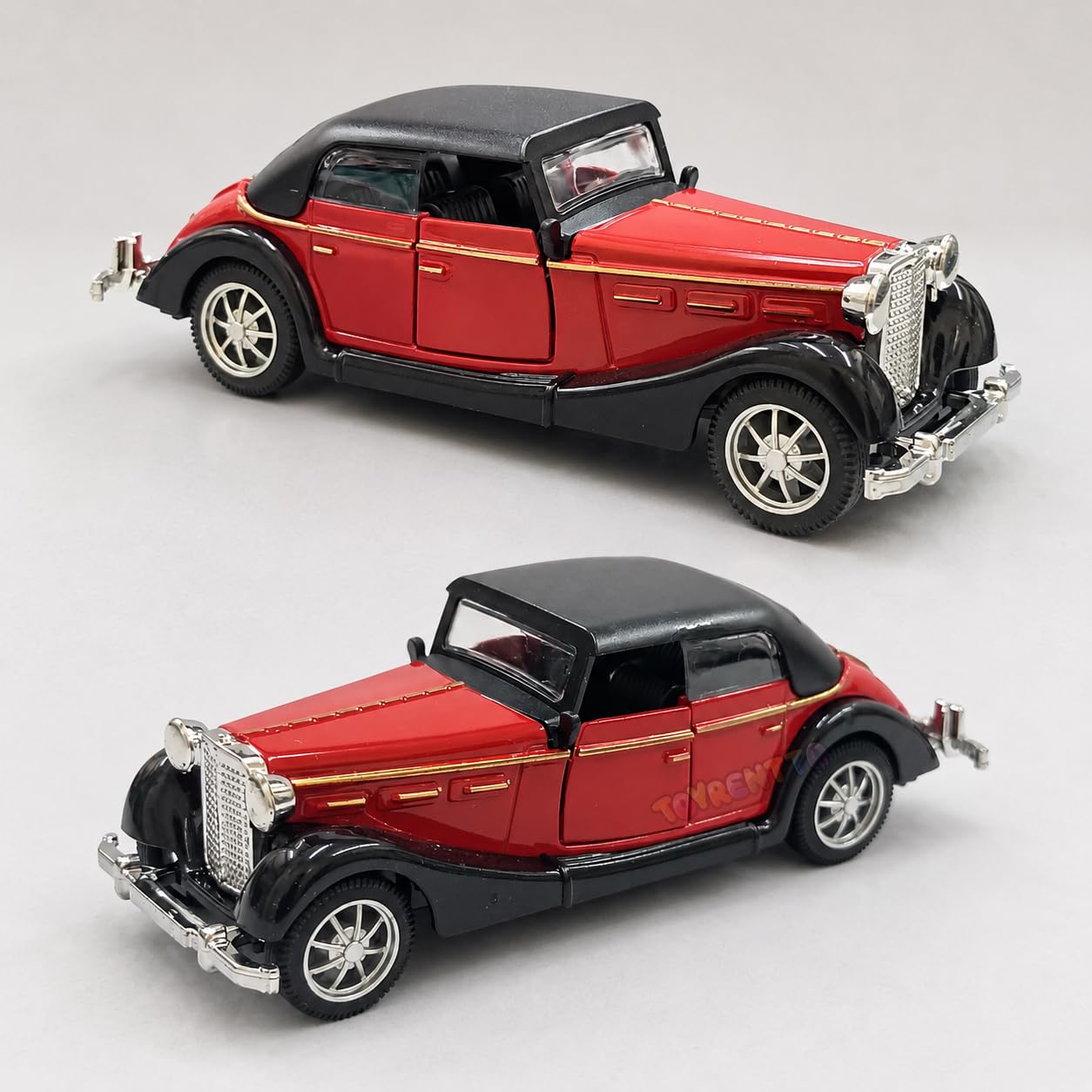 1:36 Scale Vintage Classic Toy Car Pull Back Action Die Cast Metal Model Car Red Black Retro Collectible Vehicle with Opening Doors for Kids Boys Girls Gift-image-1