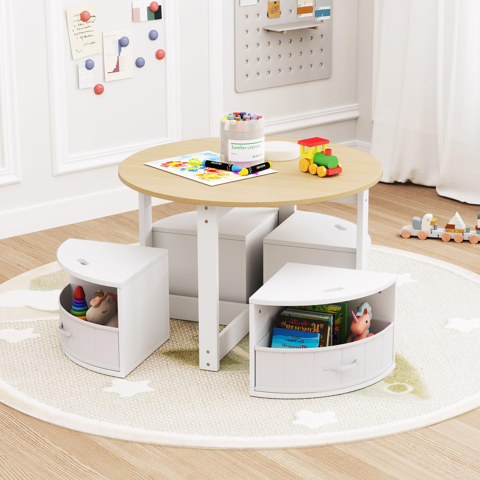 DREAMADE Kindertisch mit 4 Stühlen, Kindersitzgruppe mit 4 Hockern & 4 Stoffboxen, Kinder Tisch Stuhl Set, Kinder Maltisch Aktivitätstisch Set Kindermöbel für Kinderzimmer, Spielzimmer (Natur)
