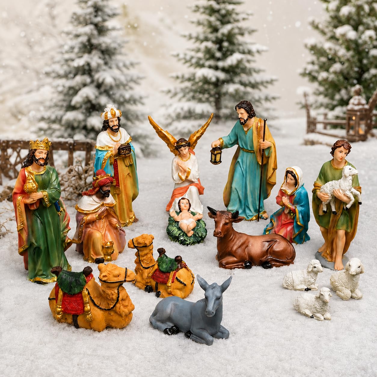 KariGhar Krippen-Set, 15-teilig, perfekt als Weihnachtsgeschenk und Dekoration { Packung – Maria, Josef, Jesuskind, Engel, 3 Weise Männer, der Schäferhund und die Tiere [15 cm Idole-Set]