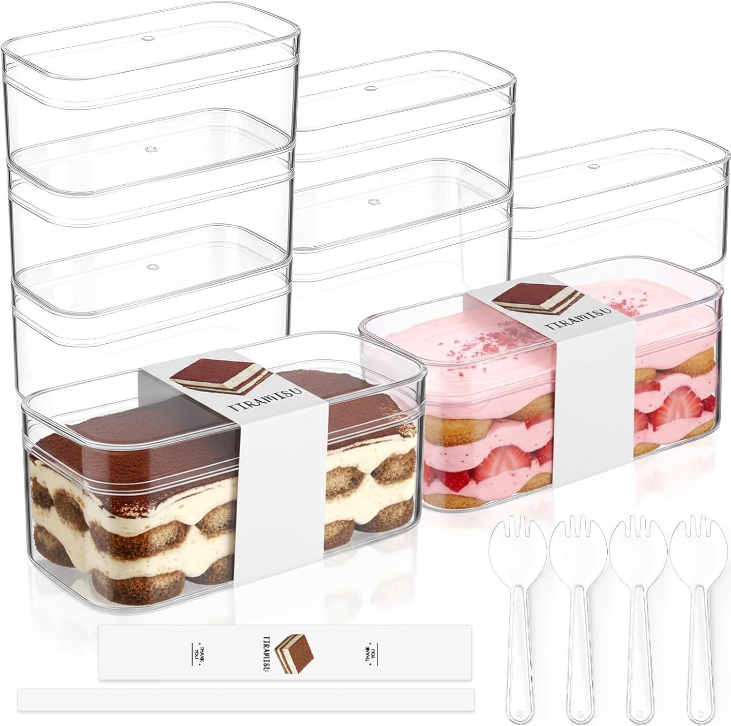 25 Pack Tiramisu Containers with Lids, Reusable Clear Dessert Cups with Spoons and Stickers, Plastic Parfait Cups for Cookie, Macaron, Pudding, Mousse (4.65 x 2.32 x 1.97 Inch,Rectangle)