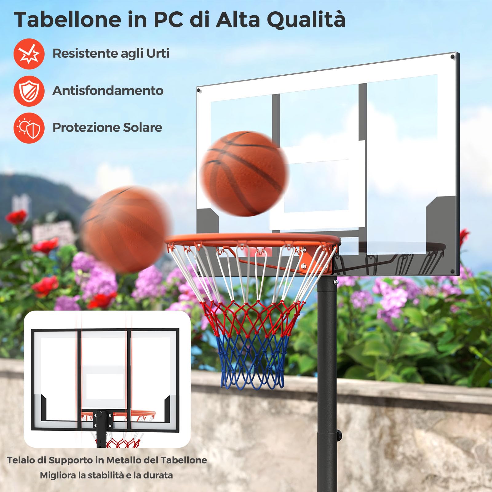 COSTWAY Canestro da Basket Esterno ed Interno Regolabile 100 cm-212 cm, Canestro da Basket per Bambini/Adolescenti Portatile con Tabellone in PC, Base Riempibile e Ruote