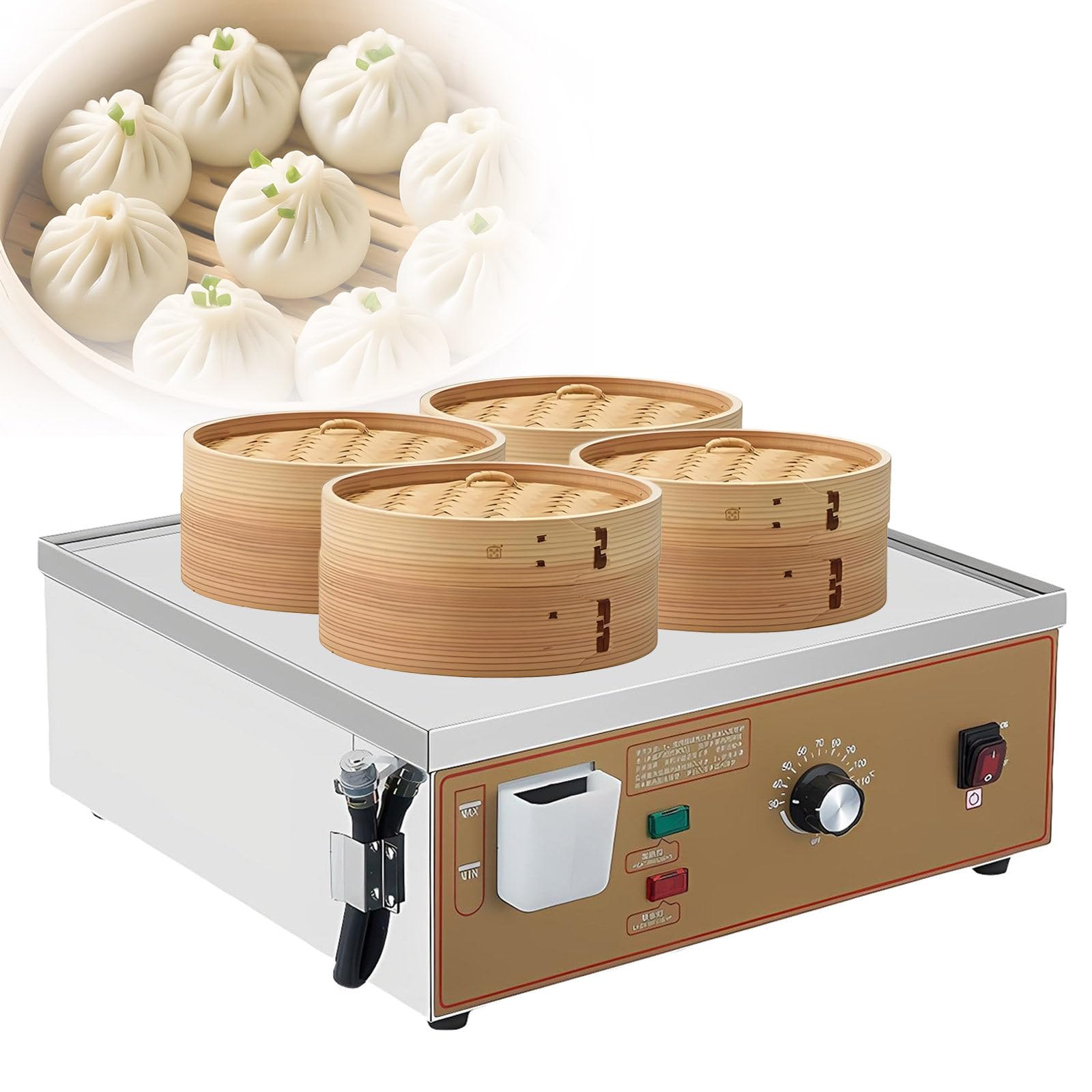 Vaporiera Elettrica Professionale per Panini con Protezione di Sicurezza, 4 Fori in Acciaio Inox per Ristoranti, Food Truck e Uso Domestico, Corpo in Acciaio Inox, 48 x 45 x 19 cm, 220 v