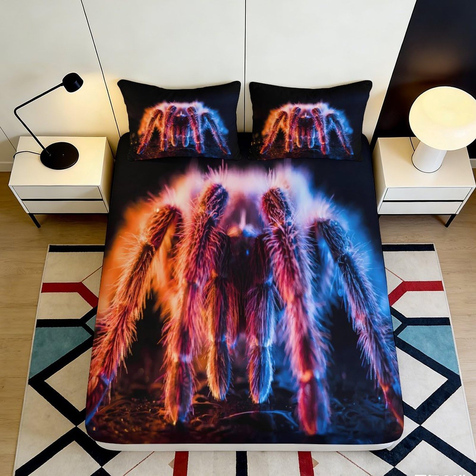 3D Printed Neon Spider Fitted Sheet Microfiber Soft Breathable Glowing Spider Mattress Cover for Bedroom Dormitory Guest Room Bed Protection 180x200x25cm
