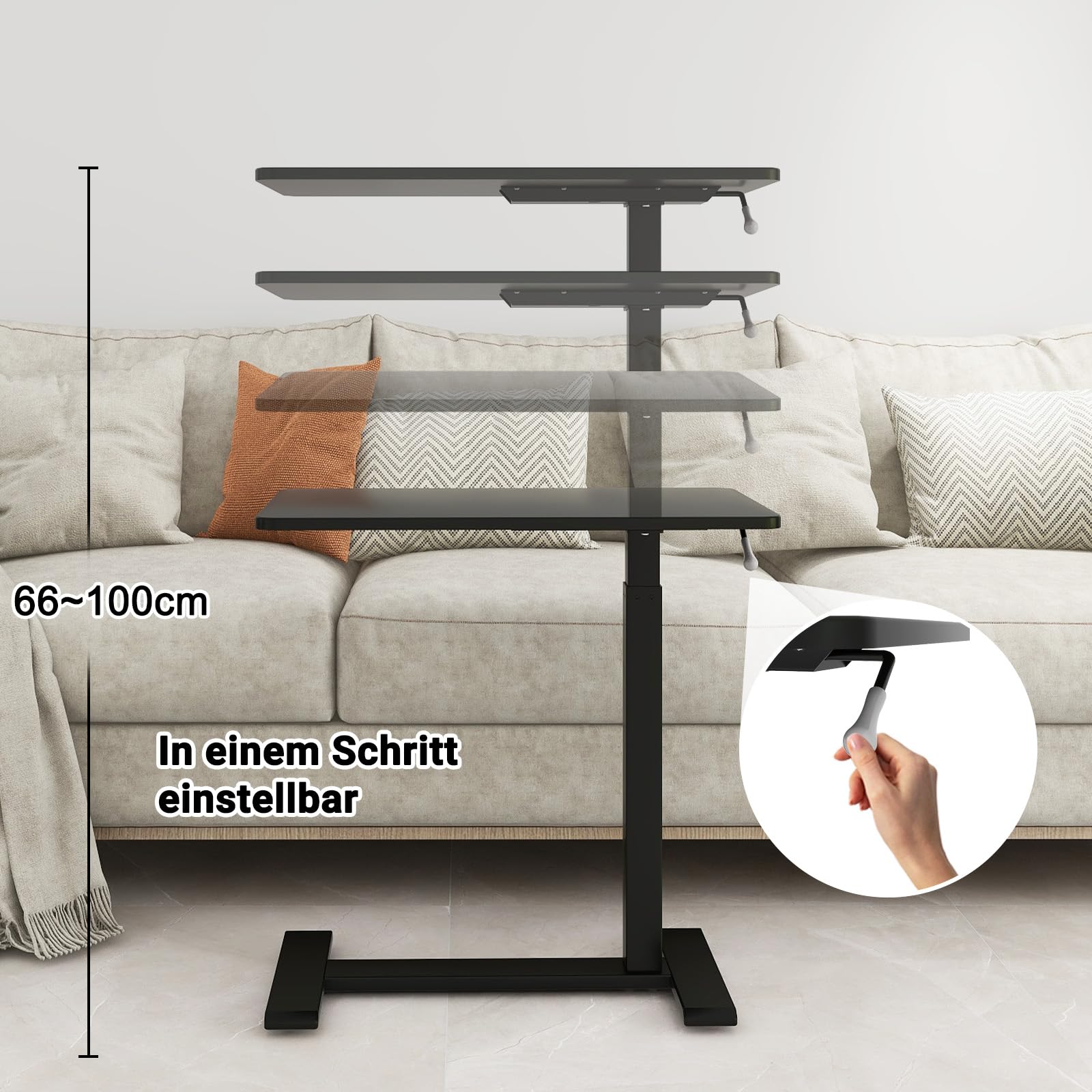 PUNCIA Stehpult 66-100cm höhenverstellbar mit Rollen Überbett-Tisch Schwarz | Laptoptisch Laptopständer mit ergonomisch Steh-Sitztisch Präsentationswagen Schreibtisch für Bett Sofa Büro Office Schule