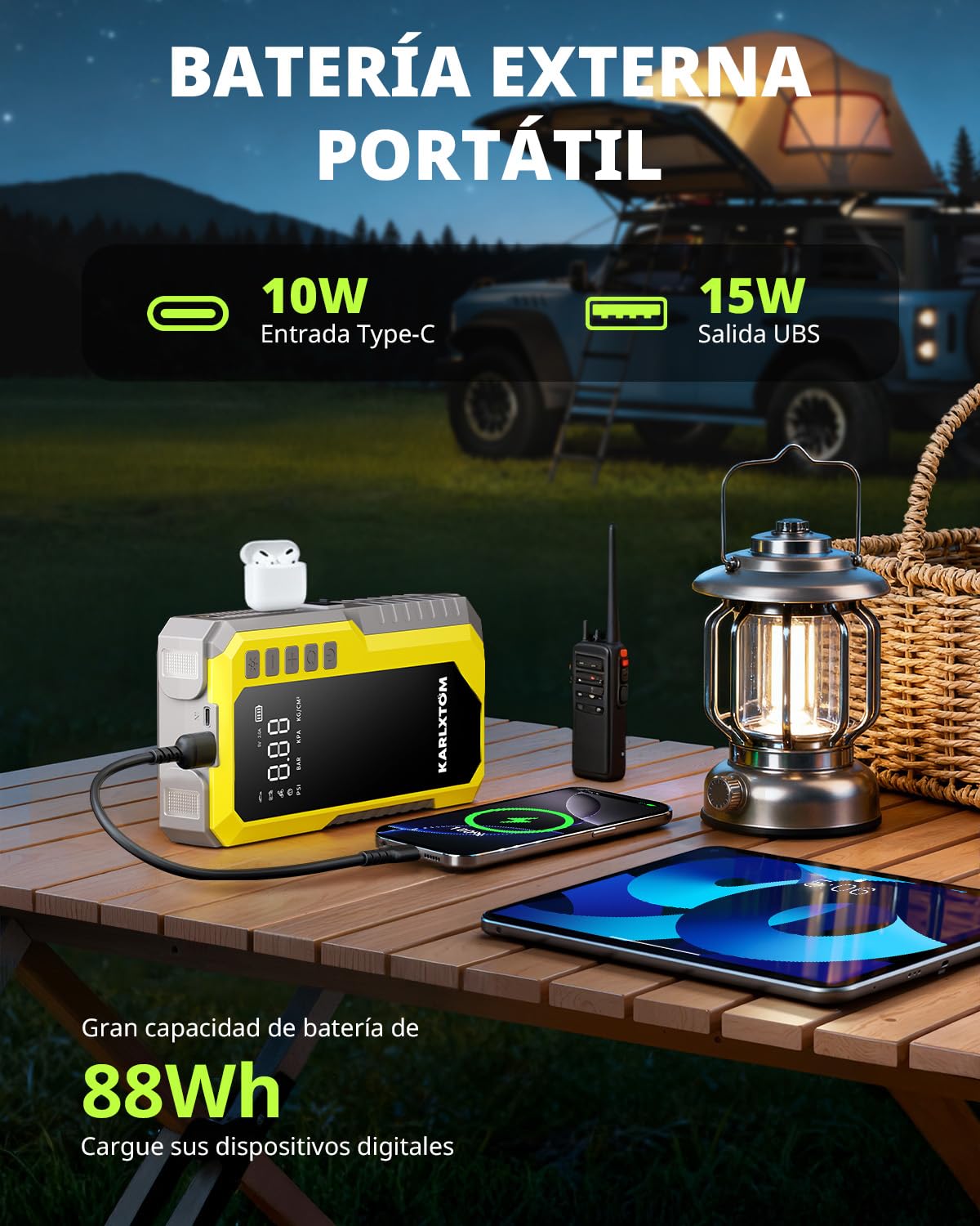 Karlxtom Arrancador de Baterias de Coche 4500A, Compresor de Aire de 190 PSI (Toda Gasolina o 10L Diésel)，12V Arrancador de Coches, Linterna LED de 500 Lúmenes, Pantalla LCD