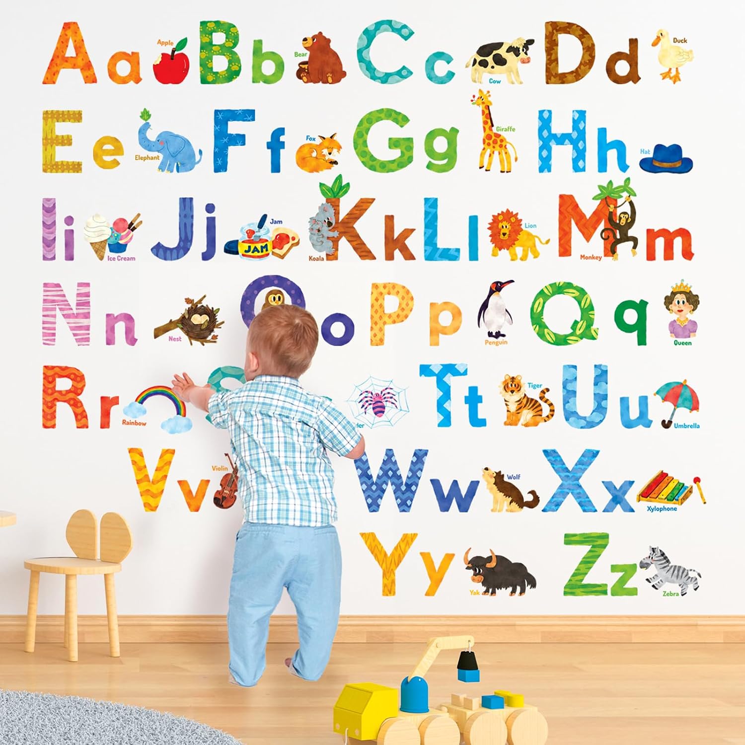 DECOWALL DS8-1608 Watercolour Animal Alphabet ABC Kids Wall Stickers Decals Peel and Stick Removable for Nursery Bedroom Living Room Art murals Decorations