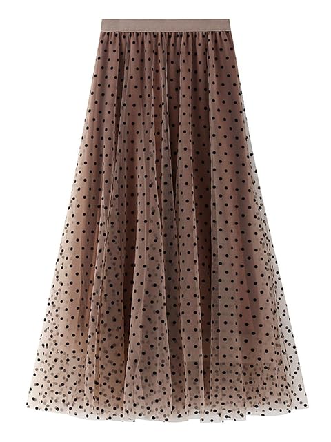 HOULENGS Womens Casual Polka Dot Tulle Layered Long Skirt Elastic High Waist A-Line Ruffle Pleated Maxi Skirts