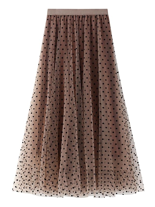 HOULENGS Womens Casual Polka Dot Tulle Layered Long Skirt Elastic High Waist A-Line Ruffle Pleated Maxi Skirts