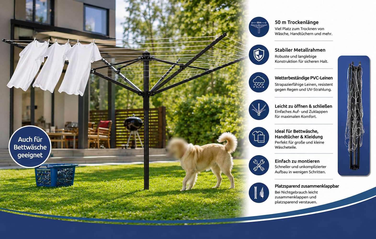 Wäschespinne – Outdoor-Garten-Wäschetrockner – Robuster, Faltbarer Wäscheständer – 50 m Wäscheleine – Witterungsbeständig