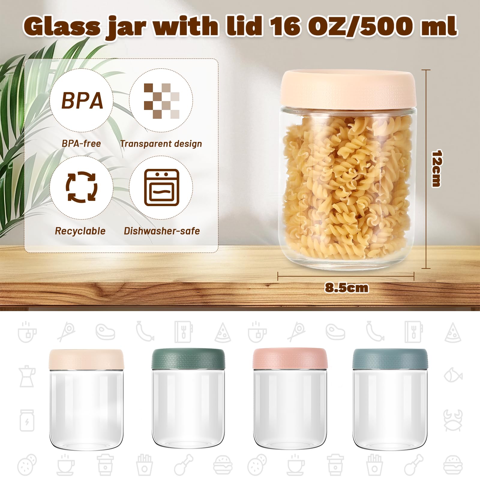 Mssushi 6 Pièces Overnight Oats Jar,16oz/480ml Bocal En Verre Hermétique,Réutilisables Meal Prep Containers Avec Couvercles à Vis D'étanchéité,Pour Salade, Yaourt, Pudding, Chutney,Confiture