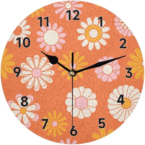 POFATO Reloj de pared naranja con flor de sol, sin tictac, silencioso, redondo, funciona con pilas, decoración moderna del hogar para sala de estar,