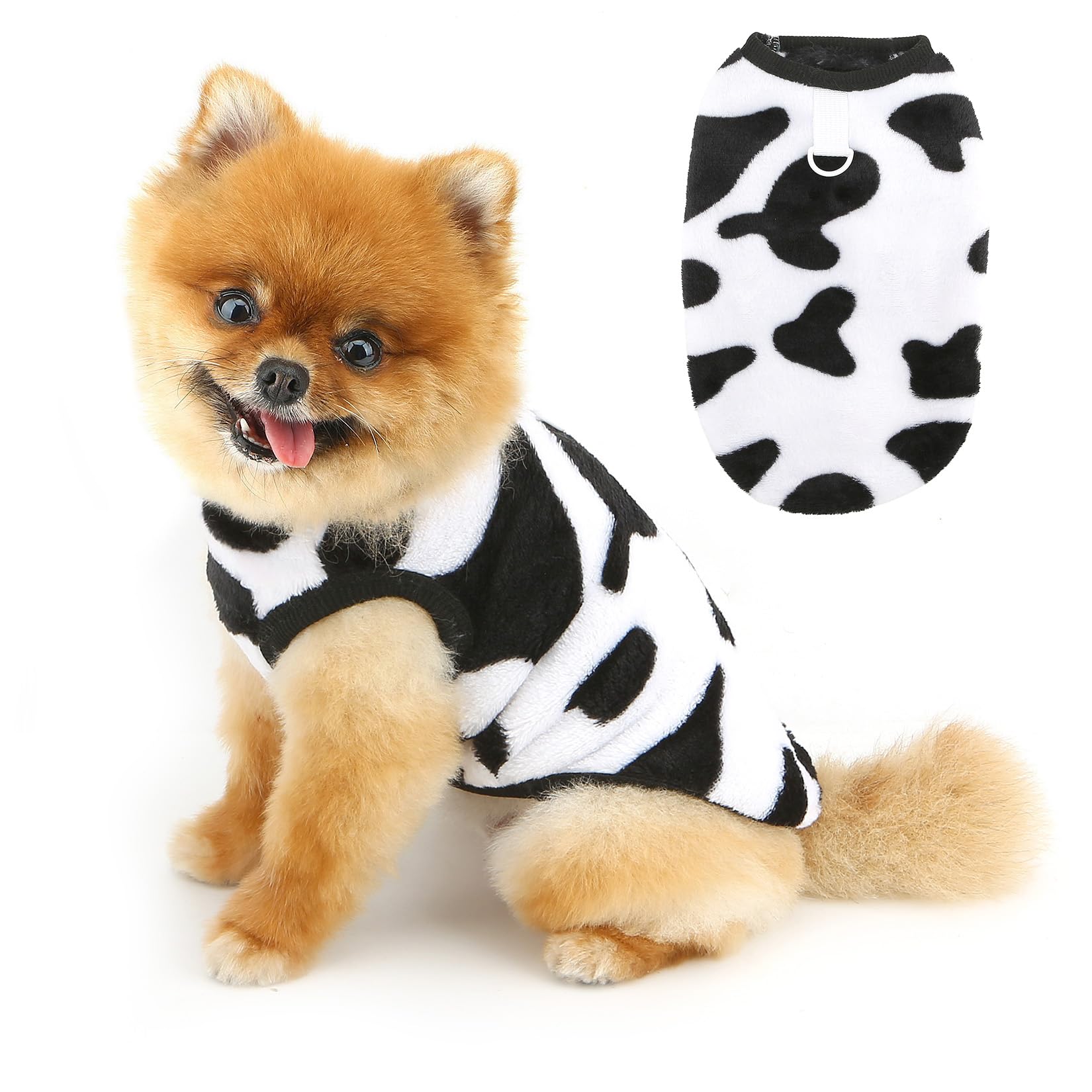 PAIDEFUL Cow Print Fleece Dog Jumper for Small Dogs, Soft Warm Sleeveless Puppy Pullover Vest with Lead Ring, Cosy Winter Pet Clothes for Chihuahua Yorkie and Cats,XL