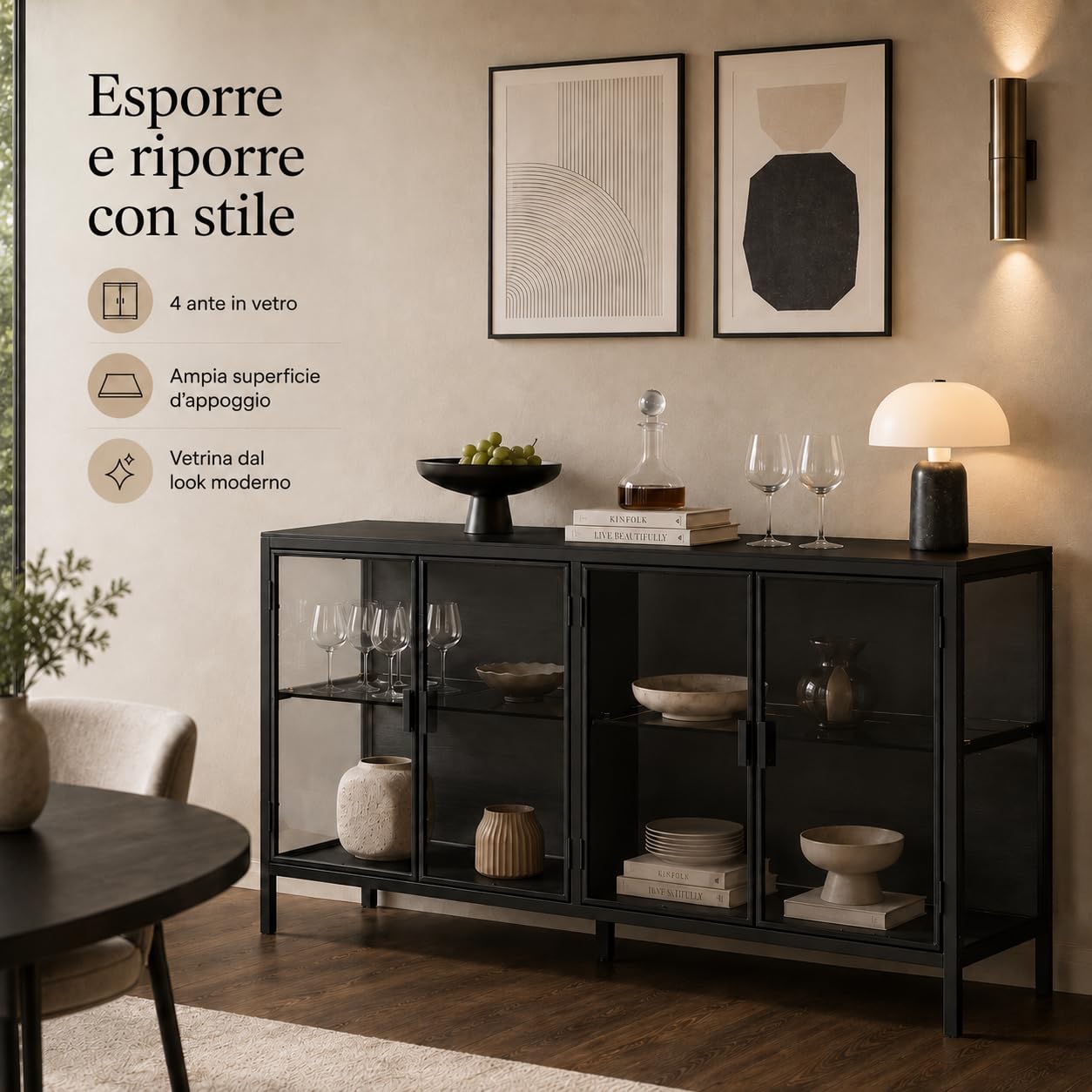 Vetrina nera 40 x 140 x 75 cm con telaio in ferro, 2 ante in vetro, armadio in vetro con strisce luminose a 3 colori, moderna vetrina in vetro per soggiorno