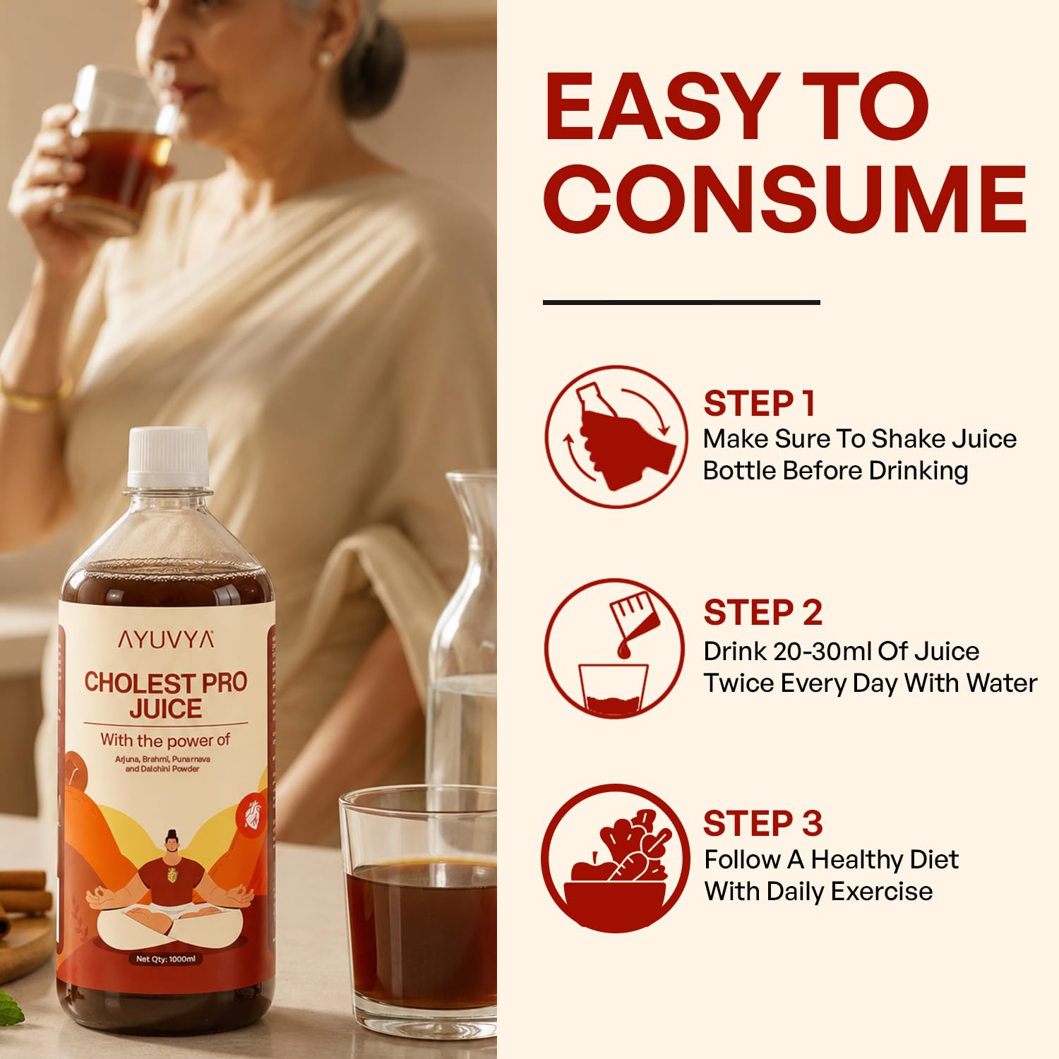 Ayuvya Cholest Pro | Cholesterol Care Juice | Contains Arjuna, Amla, Punarnava & Brahmi | Supports Heart & Artery Health Naturally | Helps to maintain Healthy Blood Pressure & Circulation | 1000 ml 4