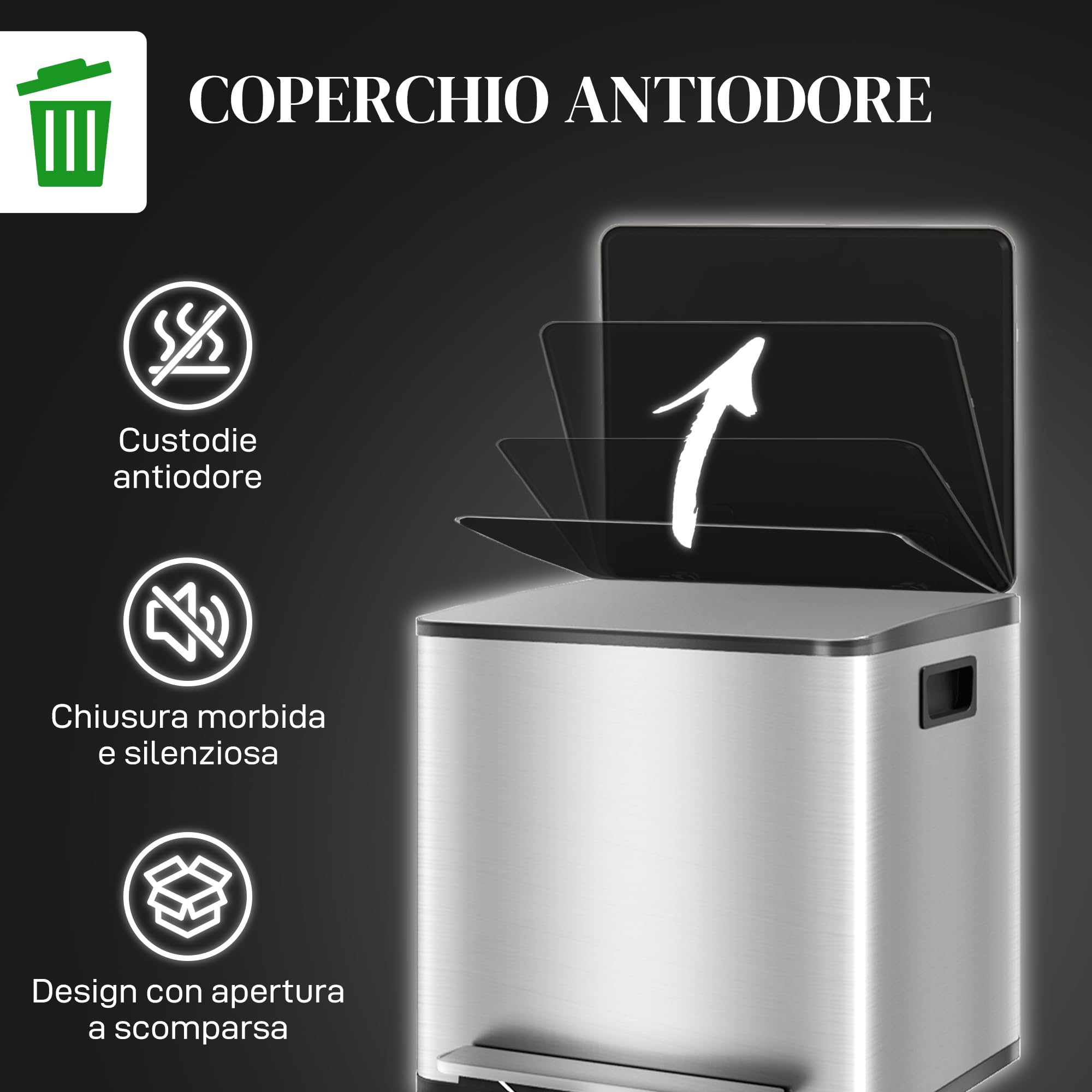 HOMCOM Doppelter Küchenmülleimer 2x15L, Edelstahl, Doppelpedal, Silber | Soft-Close-Deckel, herausnehmbare Inneneimer, Griffe, für Recycling und Abfall
