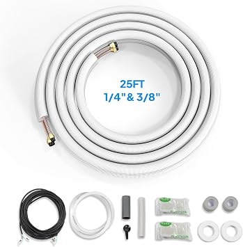 ROVSUN 25 Ft Mini Split Line Set, 1/4" & 3/8" O.D. Flared Copper Tubing Pipes & 3/8" Thickened PE Insulated Coil with Nuts & Installation Kit for Mini Split Air Conditioner & Heat Pump System