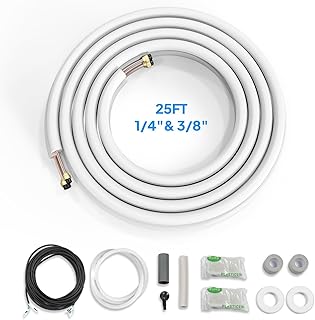 ROVSUN 25 Ft Mini Split Line Set, 1/4" & 3/8" O.D. Flared Copper Tubing Pipes & 3/8" Thickened PE Insulated Coil with Nuts & Installation Kit for Mini Split Air Conditioner & Heat Pump System
