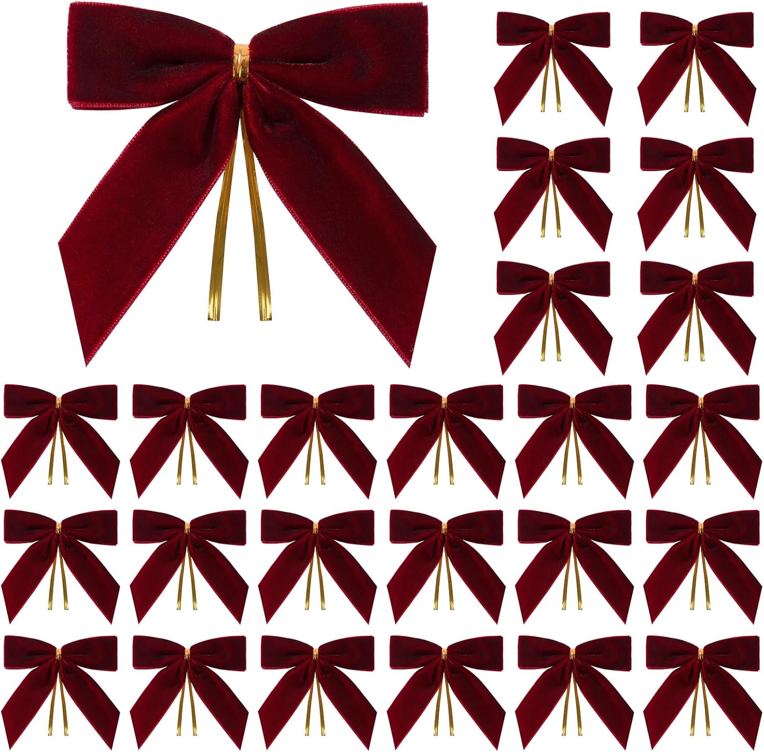 24 Pcs Burgundy Small Velvet Christmas Bows for Christmas Tree, Wreath, Gift Wrapping, Crafts, Wedding, Party, Twist Tie Bows for Treat Bag Bakery Candy Bags, Home Decor 1" W,3.5 x 3.5 inch