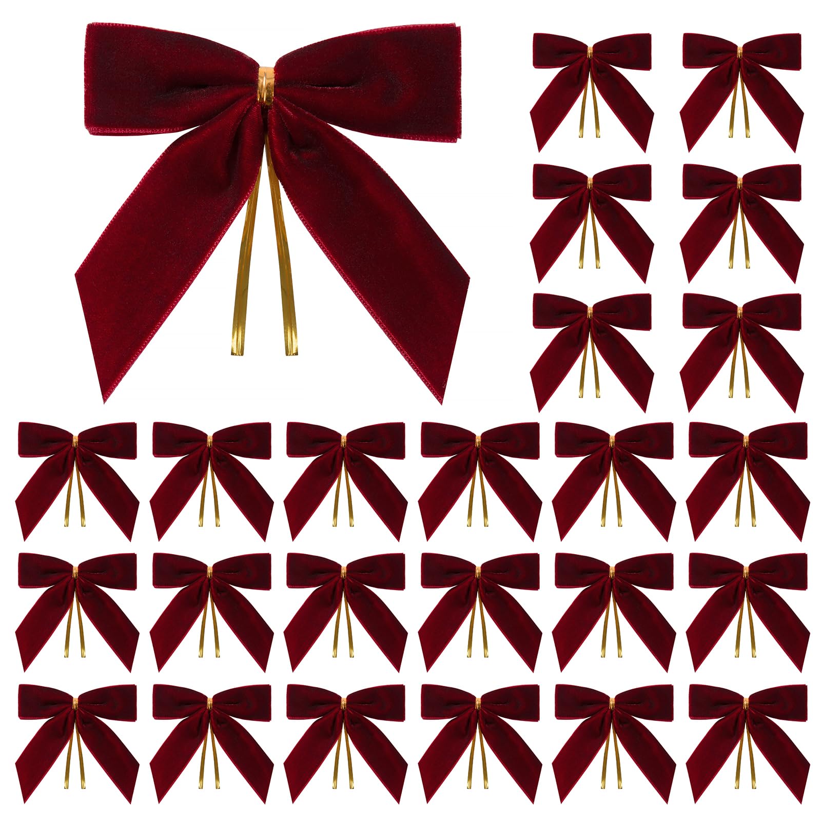 24 Pcs Burgundy Small Velvet Christmas Bows for Christmas Tree, Wreath, Gift Wrapping, Crafts, Wedding, Party, Twist Tie Bows for Treat Bag Bakery Candy Bags, Home Decor 1" W,3.5 x 3.5 inch