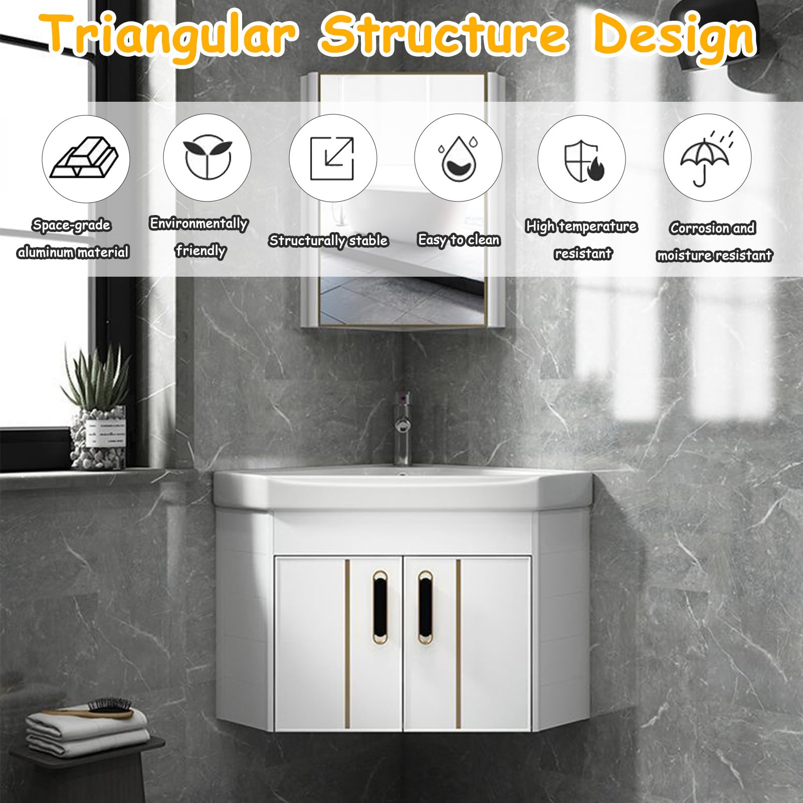 mueble baño con Lavabo suspendido pared 38cm, Lavabo sobre encimera con grifo, lavabo pequeño esquinero de cerámica, Diseño compacto, para cocinas compactas, cocinas, caravana, baños