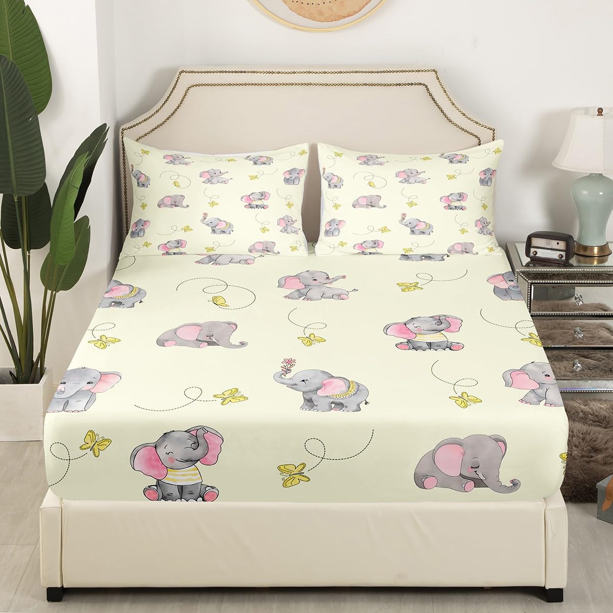 Kawaii Elephant Fitted Sheet Twin Size,Yellow Butterfly Cartoon Wildlife Mattress Protector with 1 Pillowcase,Watercolor Grey Pink Animal Elastic Deep Pocket Kids Bed Cover (No Top Sheet)