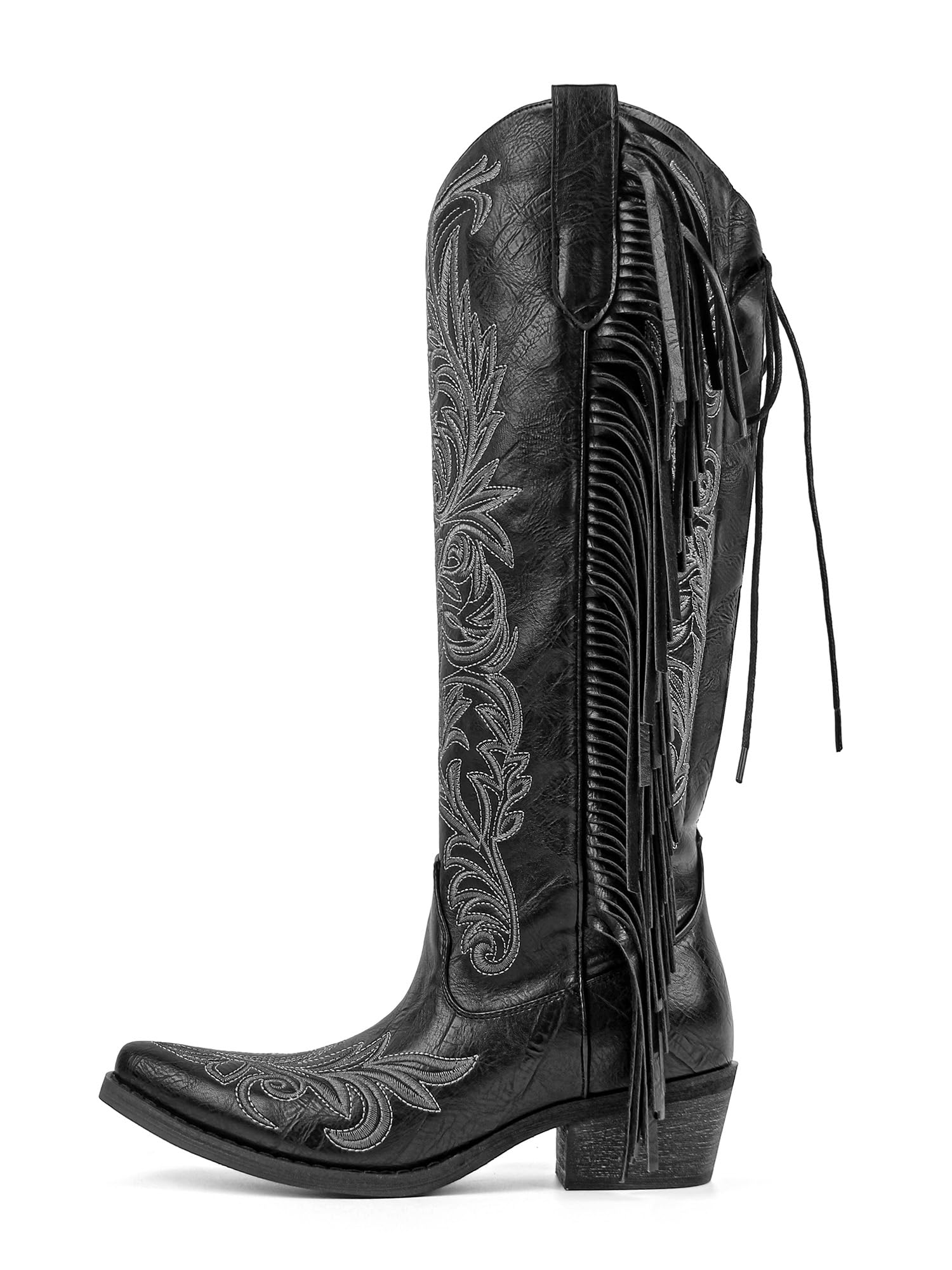 Knee High Lace Up Cowboy Boots with Fringe Embroidered Western Boots Wide Calf