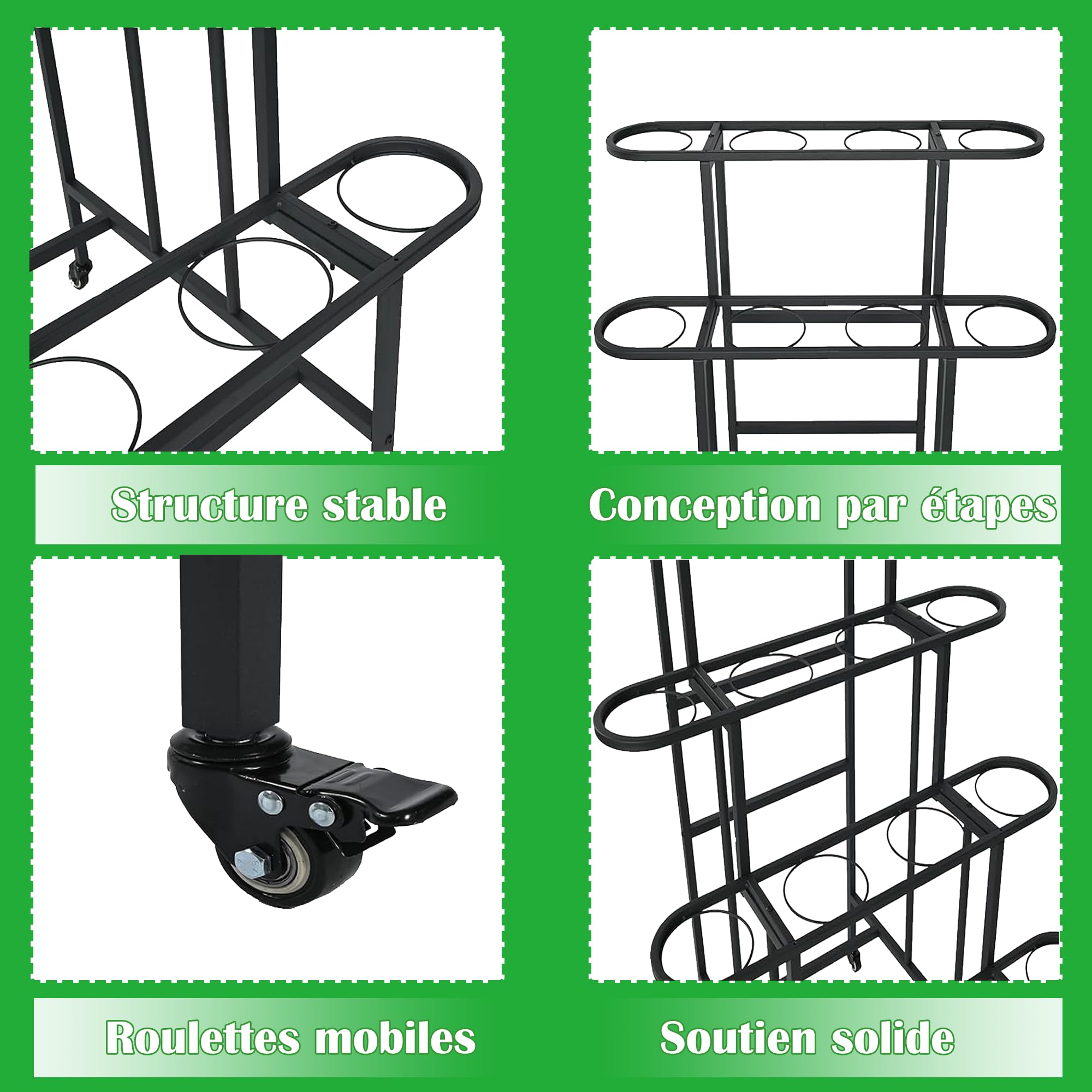 uyoyous Support de Plantes à 4 Étages, Support pour Plantes en Métal Étagère à Fleurs d'Intérieur et d'Extérieur avec Roulettes pour Balcon, Jardin, Salon, Ne comprend pas les 16 pots de fleurs, Noir