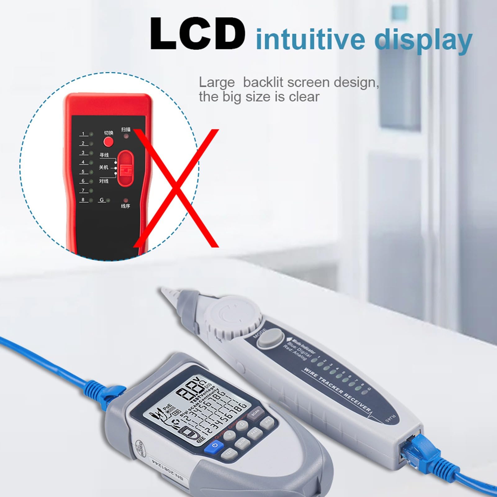 Wakects Tester per Cavi di Rete Portatile Portatile, Tracciatore di Cavi Multifunzione ABS con Display LCD, Controllo polarità Tensione POE, Tracciamento Digitale e Analogico, Torcia per Tecnici di